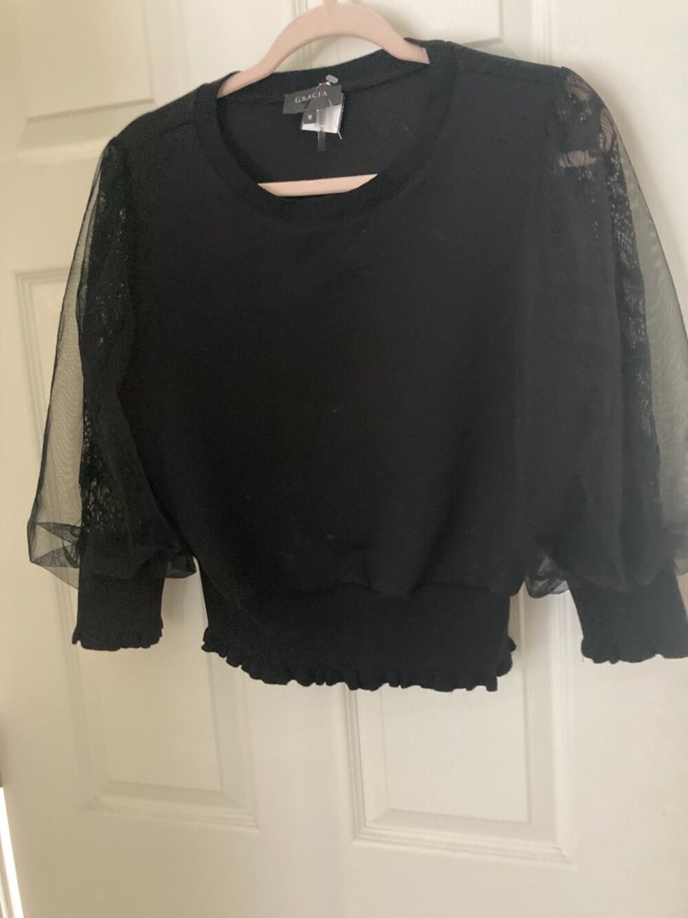 GRACIA Black Sheer Mesh Lace Long Sleeve Top / Pullover Sweater M